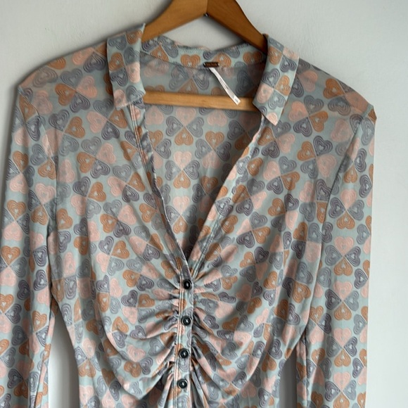 FREE PEOPLE Lucky Shirtee Mesh Sheer Top Button Front Mint Combo Small - Picture 3 of 10